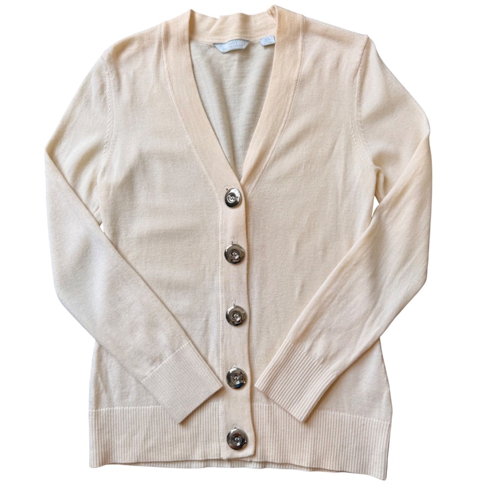 Lady Hathaway‎ Extra Fine Merino Wool Cardigan (M) Cream Neutral Lightweight